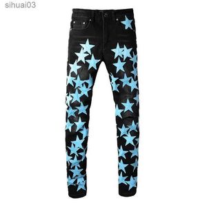 Jeans masculin mens ciel bleu cuir étoiles étoiles jeans streetwear noir stretch denim leggings trous en déchirant trantl2403