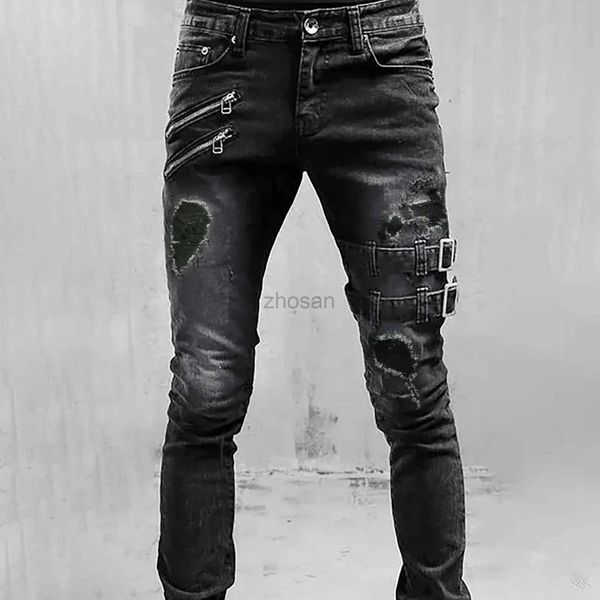 Jeans masculin pour hommes slim fit mid-hauteur droite pantalon déchiré de la jambe droite avec pantalon de jean à la mode zipper d240417