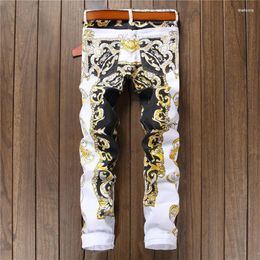 Heren jeans heren slanke print mode fashionbloem rechte witte denim broek lange broek Aziatische grootte Drak22