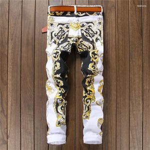 Hommes Jeans Hommes Slim Imprimer Mode Fleur Droite Blanc Denim Pantalon Long Pantalon Asiatique Taille Drak22