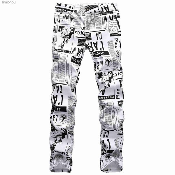 Jeans pour hommes Pantalon en denim extensible amincissant pour hommes de haute qualité entièrement imprimé jeans journal hip-hop jeans décontractés jeans de mode de rue pantalons hommes; L240119