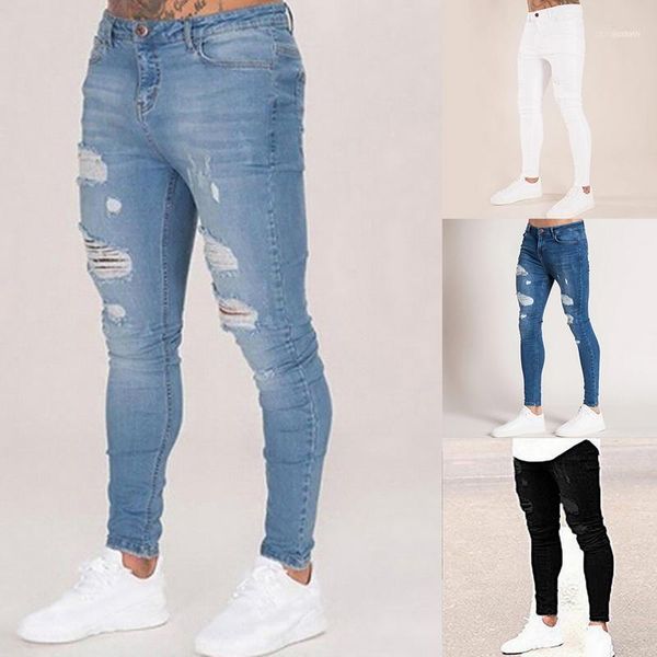 Jeans pour hommes Hommes Solid Couleur 2022 Mode Slim Crayon Pantalon Sexy Casual Trou Ripped Design Streetwear1
