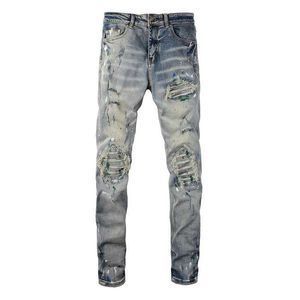 Jeans pour hommes Jeans de vélo en denim élastique peint à la bombe pour hommes vêtements de rue patchs de fissures trous de travail larmes pantalons serrés pantalons coniques J240328