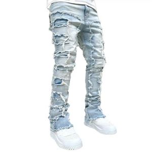 Jeans pour hommes masculins jeans empilés adaptés à des jeans déchirants détruisant des jeans en denim droit