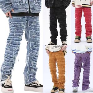 Pantalones vaqueros apilados para hombre, pantalones rasgados con agujeros Retro, desgastados para hombre, pantalones vaqueros sueltos rectos de Hip Hop, pantalones vaqueros informales