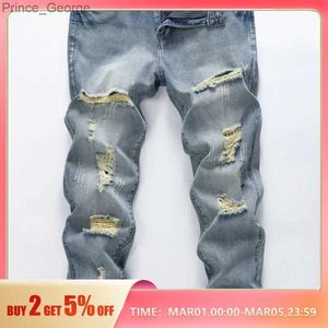 Jeans pour hommes Hommes Droite Non Stretch Coton Casual Mode Denim Pantalon Déchiré Effiloché Lavage JeansL2403