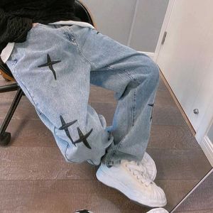 Heren jeans heren recht ontspannen Koreaanse modezakjeans hiphop losse wijde poot broek elastische taille denim shorts Q240427