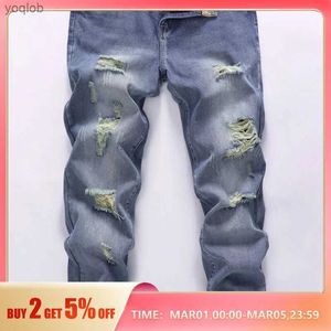 Jeans masculin mens directes stretch stretch coton coton décontracté pantalon de jean de mode déchiré et blanchi jeansl2404