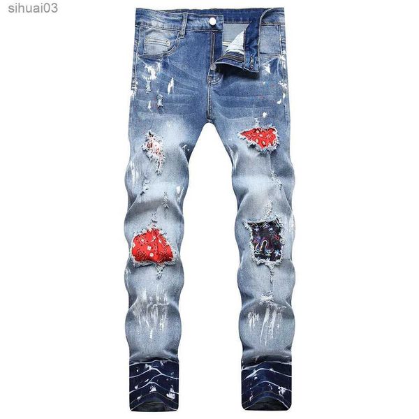 Jeans para hombres ropa de calle jeans de mezclilla flores de patrón de dragón chino pantalones pintados agujeros lágrimas de cinta ultra delástica pantalones de elástico