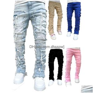 Jeans para hombres Moda de calle para hombre Ins Elástico Denim Pantalones de pierna recta Drop Entrega Ropa Ropa DHHAQ
