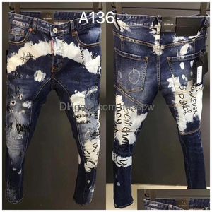 Jeans pour hommes Hommes Street Style Mode Hommes Haute Qualité Rétro Bleu Imprimé Designer Slim Fit Ripped Hip Hop Splashed Denim Pantsmens Dhbuz