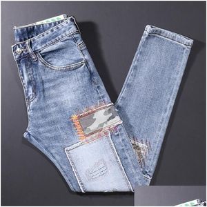 Jeans pour hommes Hommes Street Style Mode Hommes Rétro Bleu Clair Élastique Slim Fit Rippedes Designer Hip Hop Denim Pantalon Hombremens Drop de Dhgye