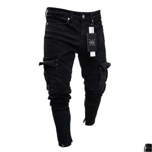 Jeans masculins pour hommes extensible noire grosse poches côté cargo fashion zipper petit pied pantalon denim élastique pantalon de jogging streetwear 23122 dhyah