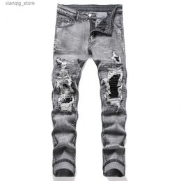 Jeans para hombres hombres jeans elástico jeans streetwear raspando agujeros de mosaico rasgados cintura elástica pantalones casuales delgados pantalones rectos l49