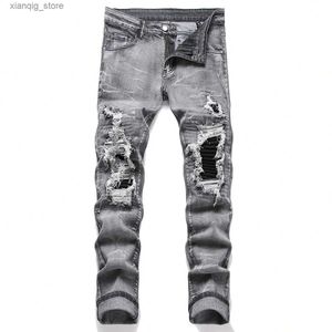 Jeans masculin mens extensible jeans denim jeans streetwear déchirant les trous de patchwork déchirés de la taille élastique pantalon décontracté slim.
