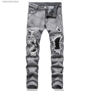 Jeans pour hommes Jeans en denim extensible pour hommes Streetwear déchirer les trous de patchwork déchiré Denim taille élastique pantalons décontractés coupe ajustée pantalon droit T240227