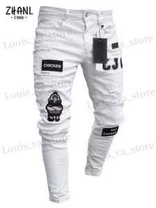 Jeans masculin mens extensible jeans skinny cruxéré pantalon blanc détruit trou slim slim en denim de haute qualité pantalon masculin t240411