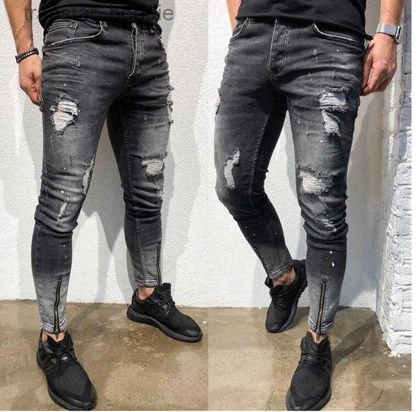 Jeans pour hommes Hommes élégant déchiré Skinny Slim Jeans créateur de mode lavé fermeture éclair lambrissé Biker droit effiloché Stretch Denim pantalon Streetwear pantalon L230918