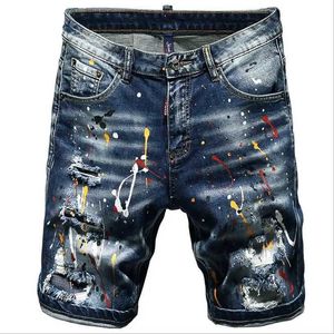 Jeans masculin pour hommes Summer Blue Shorts jeans trous shorts denim peinture vestiges de rue décontractés
