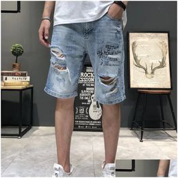 Jeans masculin pour hommes Summer Grey Perfoated Denim Shorts coréens Fashion Slim Elastic Five-Ciece Male Brand Pantal