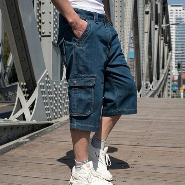 Jeans masculin mens d'été mince denim court streetwear streetwear hip hop long 3/4 capri short cargo