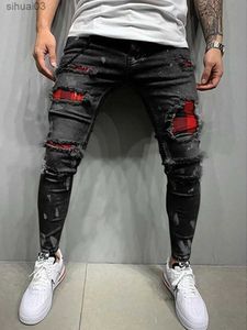 Heren jeans heren strak en gescheurde jeans modieuze mesh bedgar patches slanke fit elastische casual denim potloodbroek geschilderd jogging hensl2403