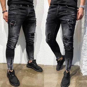 Jeans masculin pantalon élastique serré élastique en détresse freyed slim fit jeans slim trant crayon mâle mâle2405