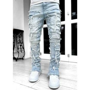 Jeans masculin mens jeans serrés bord hip hop hip hop bord élastique patch punk rock long jean serré jeans empilé pantalon denim blue rose street vêtements j240527