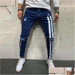 Hommes Jeans Hommes À La Mode Hommes Maigre Biker Détruit Effiloché Fit Denim Déchiré Side Stripe Crayon Hip Hop Streetwear Drop Delivery Appar Dh62Y