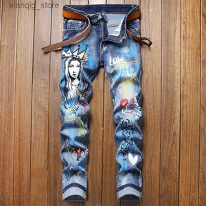 Heren jeans heren trendy printing decors denim pantshigh kwaliteit slanke rek jeansstreet mode sexy blauw jeansdaily casual jeans l49