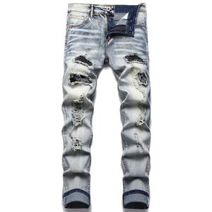 Jeans masculin pour hommes vintage jeans bleu tendance élastique pantalon ultra mince de haute qualité pantalon masculin pantalon mode imprimé Cat barbe J240527