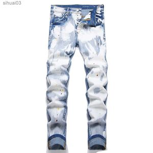 Jeans masculins pour hommes lavés en jean jean Vêtements de rue Boutons peints pantalon bleu ultra-mince pantl2403