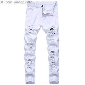 Hommes Jeans Hommes Blanc Noir Distressed Trous Skinny Jeans Pleine Longueur Denim Pantalon Street Style Pantalon En Gros Z230711