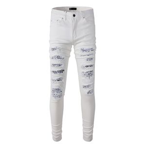 Jeans pour hommes Hommes Blanc Distressed Streetwear Mode Slim Fit Stretch Brodé Endommagé Tie Dye Bandana Rib Patch Ripped Skinny 230718