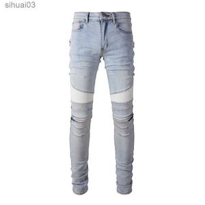 Jeans masculin pour hommes en cuir blanc patch genou bicycle jeans street vêtements pantalon conique serré