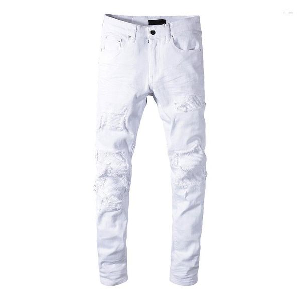 Jeans pour hommes Mens White Slim Fit High Street Fashion Style Destroyed Tie Dye Bandana Ribs Patchs Distressed Skinny Stretch Ripped