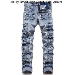 Pantalones vaqueros para hombre Ropa de invierno para hombre Slim Fit Stretch Patchwork Estilo mendigo Agujero de lujo Artista de discoteca Trendy Street Denim Pant