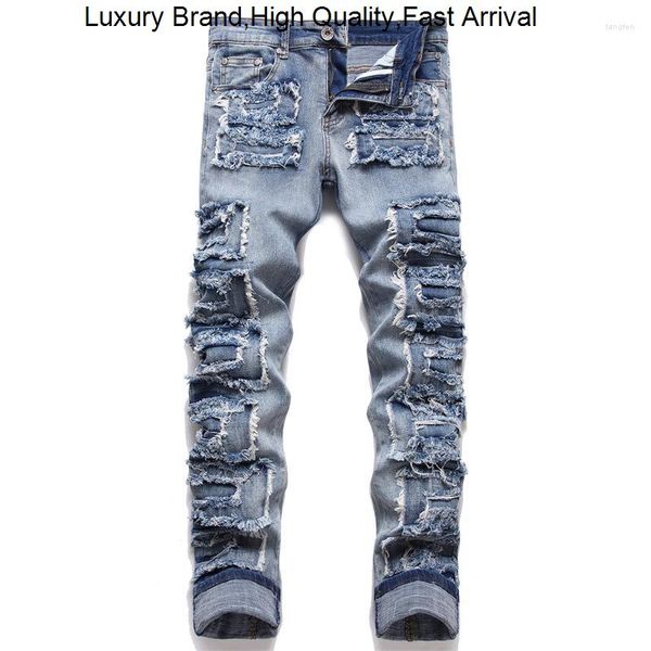 Jeans pour hommes pour hommes Vêtements d'hiver Slim Fit Stretch Patchwork mendiant Style Luxury Hole Nightclub Performateur Trendy Street Denim Pant