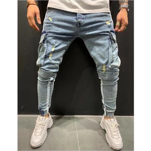 Hommes Jeans Hommes Avec Poches Latérales Cargo Denim Pantalon Hommes Casual Bleu Noir Haute Qualité Slim Fit Élastique Biker Jean Pantalon 230629