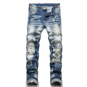 Jeans masculins pour hommes y2k jeans élastique en denim Déchirure lettre serrée imprimer élastique taille pantalon décontracté j240527