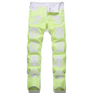 Heren jeans heren y2k neon groene denim jeans straatkleding spider web letters geborduurde broek ultradunne rechte Q240509