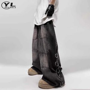 Jeans masculin en métal Design de boucle pour jeans hétéros pour hommes street gothique rétro pantalon denim hip-hop multi-poche pantalon de jambe large Q240509