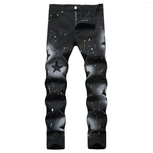 Jeans pour hommes micro-élastique petit pied à pistolet peint à la main Spray à cinq points de couleur étoile de peinture étendue des jambes droites hommes