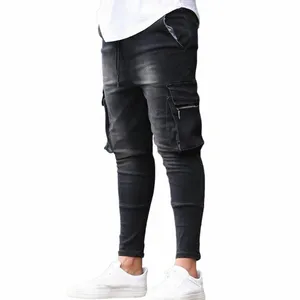 Jeans pour hommes Taille moyenne Slim Stretch Jeans Pantalon de sport décontracté pour hommes Pantalon crayon à lacets avec fermeture éclair Four Seass Blue Jeans Brand New O8PX #