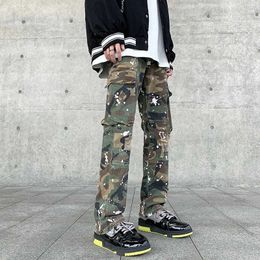 Jeans masculin Design militaire camoflage pantalon masculin peint à la main pantalons pantalons de pantalon masculin saggy y2k J231222