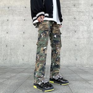 Jeans pour hommes Design militaire pantalons de camouflage hommes endommagés peints à la main poches latérales pantalons Baggy pour hommes Y2K 231120