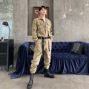 Mannen Jeans Militaire Mode Stijl Heren Jumpsuit Gordel Legergroen Multi Zakken Overalls Casual Hip Hop Loose Fit Cargo Broek 230628