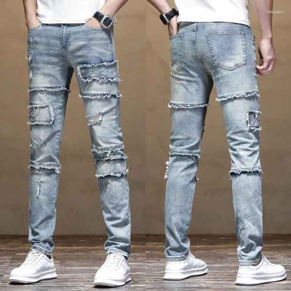 Jeans homme Moto Biker hommes bleu clair Stretch Hip Hop pantalon Denim pantalon vêtements Patchwork Streetwear détruit garçons