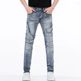Jeans pour hommes Moto pour hommes rétro bleu coupe slim stretch streetwear patchwork fausses poches pantalon en denim pantalon