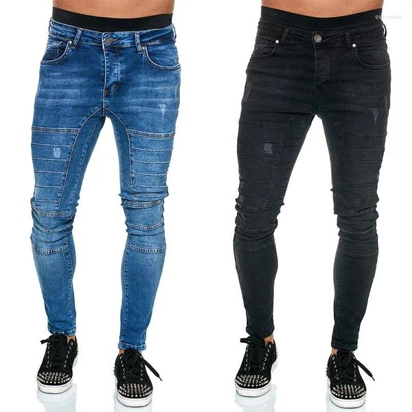 Jeans para hombres Moto Hombres Otoño Moda Mediados Cintura Lavado Pequeños Pies Slim Lápiz Pantalones Streetwear Vintage Lugentolo